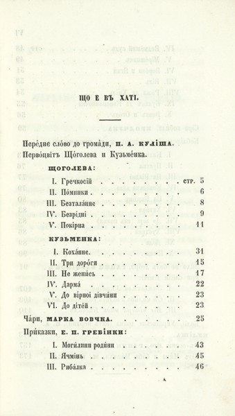 Хата [альманах]. Пб.: Издал П.А. Кулиш, 1860.