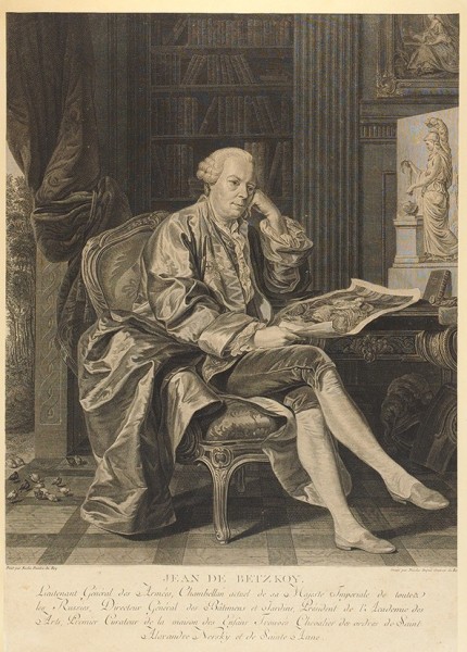 Дюпюи (Dupuis) Никола-Габриель (1698 — 1771) с оригинала Рослина (Roslin) Александра (1718 — 1793) «Портрет И.И.Бецкого». 1770-е. Бумага, резец, офорт, 56 х 40 см (лист).