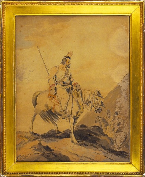 Английский (?) художник начала XIX века «Офицеры и казак». 1814. Бумага, тушь, перо, акварель, 47 х 37 см.