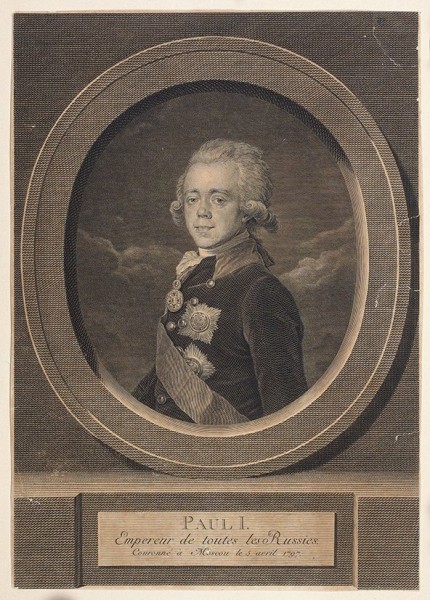 Клаубер (Klauber) Иоганн-Себастьян (1745-1817) «Портрет Императора Павла I». 1798. Бумага, офорт, резец, 39,5 х 29 см (лист обрезан по доске).