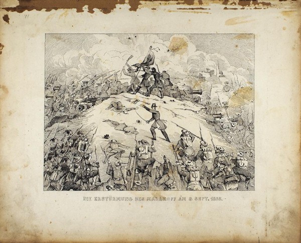 Тайх (Teiche) Антон фон «Штурм Малахова кургана». 1855. Бумага, тушь, перо, 21 х 25,4 см.
