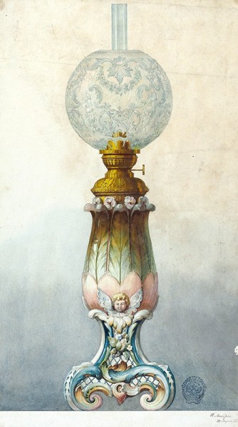 Либерг Ян Янович (1862-1933) Эскиз керосиновой лампы. 1895. Бумага на картоне, тушь, перо, акварель, 65 х 36,5 см.