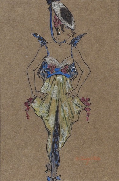 Зиновьев Александр Петрович (1889–1977) «Дама в желто-голубом платье». 1920-е-1930-е. Бумага, графитный карандаш, тушь, перо, гуашь, серебряная краска, 37,7 х 26,7 см.