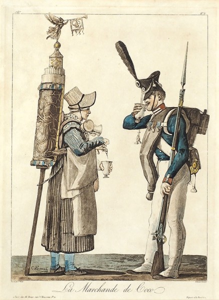 Дебюкур (Debucourt) Филипп-Луи (1757–1832) с оригинала Верне (Vernet) Карла (1758–1836) «Торговка лакричной водой». 1820-е. Бумага, акватинта, акварель, 36,5x27 см.