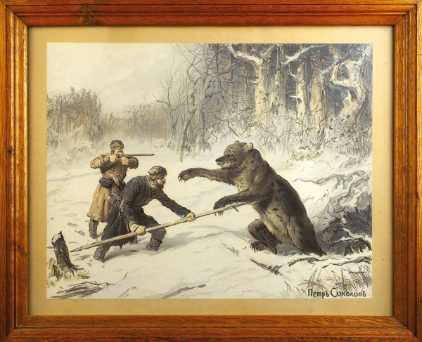 Соколов Пётр Петрович (1821—1899) «Сцена на охоте». 1870-е. Бумага, хромолитография, 35 х 45 см.
