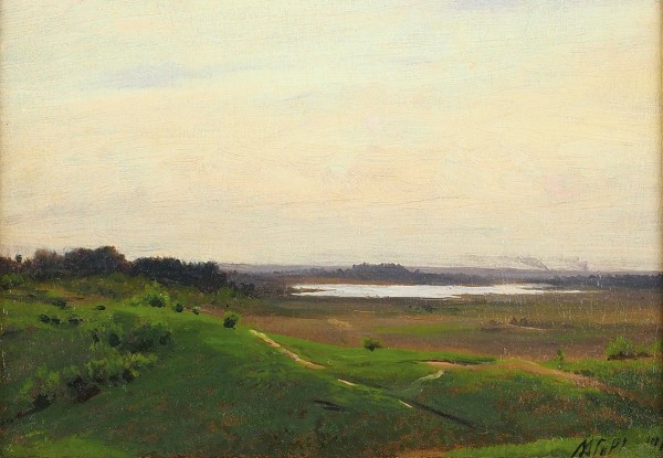 Лагорио Лев Феликсович (1827—1905) «Пейзаж с рекой». 1880-е. Холст, масло, 17,8 х 25,7 см.