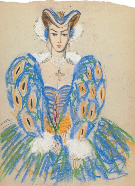 Рабинович Исаак Моисеевич (1894 – 1961) «Принцесса в голубом платье». Эскиз костюма. 1956-1958. Бумага, графитный и пастельный карандаши, 20,4 х 15 см.
