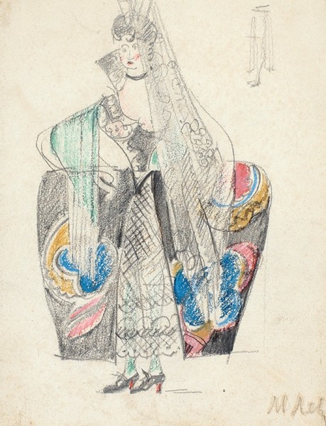 Левин Моисей Залманович (1895—1945) «Испанка». Эскиз театрального костюма. 1920-е. Бумага, графитный и цветные карандаши, 17,5 х 13,6 см.