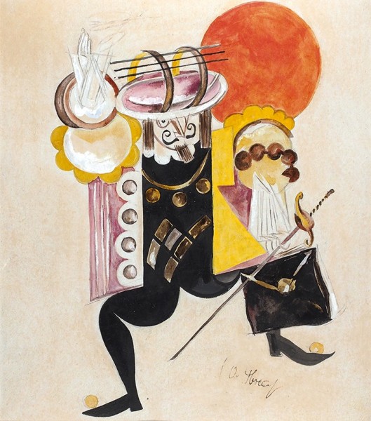 Хвостенко-Хвостов Александр Вениаминович (1895—1968) «Мушкеткер». Конец 1920-х. Бумага, графитный карандаш, тушь, перо, акварель, белила, 45,5 х 40 см.