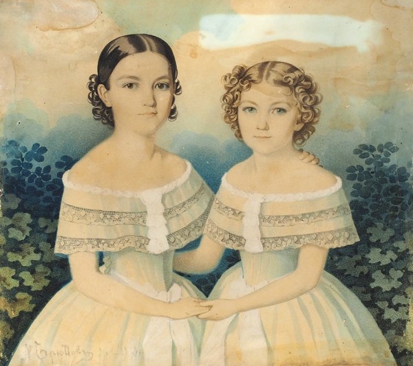 Гампельн (Gampeln) Карл Карлович (1794–1880) «Портрет двух девочек». 1820-е-1830-е. Картон, графитный карандаш, акварель, белила, 20,5x23,2 см.