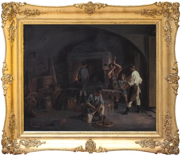 Плахов Лавр Кузьмич (1810–1881) «В кузнице». 1840-е. Холст, масло, 74x87,5 см.