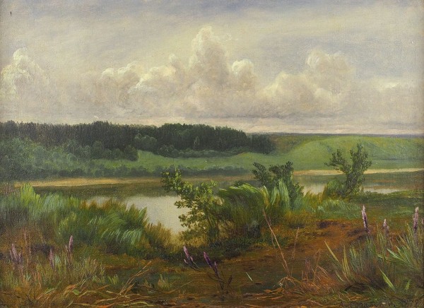 Горавский Аполлинарий Гиляриевич (1833–1900) «Лесное озеро». 1872. Холст на картоне, масло, 23,7x32,7 см.