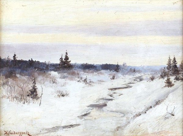 Ендогуров Иван Иванович (1861–1898) «Зимний пейзаж». 1880-е-1890-е. Картон, масло, 22x29,5 см.