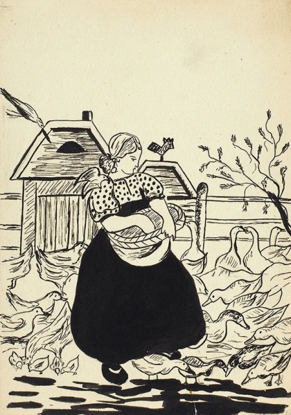 Бём Елизавета Меркурьевна (1843–1914) «Птичница». 1890-е. Бумага, тушь, перо, кисть, 14,5x10,3 см.