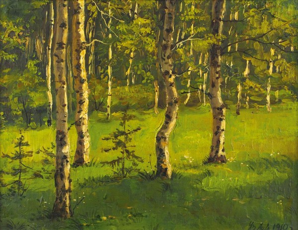 Мей Виктор Федорович (1888 — 1975) «Березки». 1910. Картон, масло, 23,5x30,3 см.