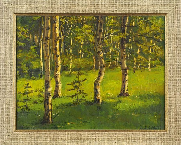 Мей Виктор Федорович (1888 — 1975) «Березки». 1910. Картон, масло, 23,5x30,3 см.
