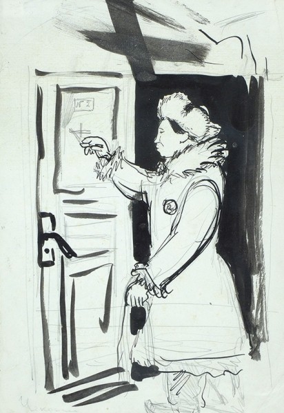 Чекрыгин Василий Николаевич (1897-1922) «Перед дверью». Конец 1910-х-начало 1920-х. Бумага, графитный карандаш, тушь, кисть, 24,5x17 см.