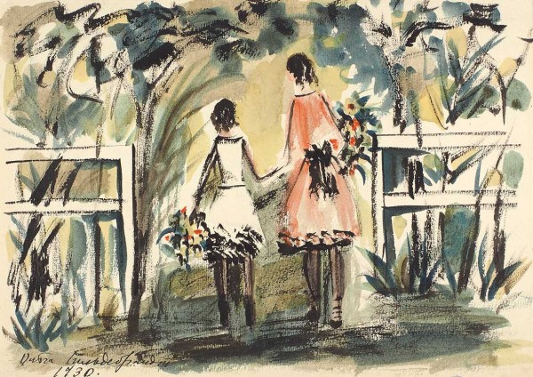 Гильдебрандт Ольга Николаевна (1897/1898—1980) «Две девочки». 1930. Бумага, тушь, палочка, акварель, 21,5x30 см.