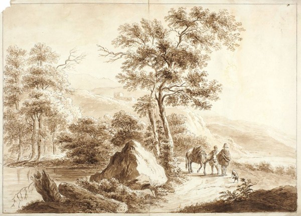 Неизвестный художник «Пейзаж с путниками». 1800-е. Бумага, тушь, сепия, перо, 32 х 44 см.