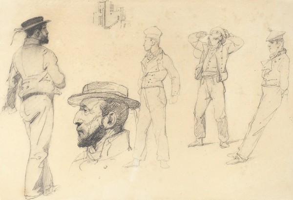Верне (Vernet) Орас (1789- 1863) «Наброски мужских фигур в морской форме». 1840-е. Бумага, графитный карандаш, 16 х 23,3 см.