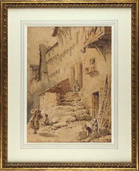 Виллие Михаил Яковлевич (1838–1910) «Улица итальянского города». 1869. Бумага, акварель, 41 х 29,3 см.