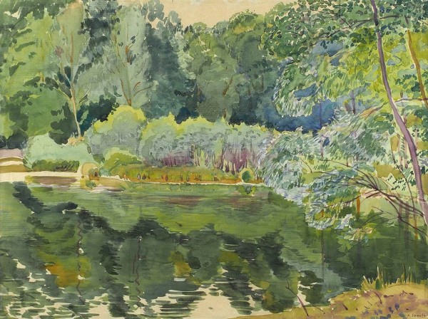 Сомов Константин Андреевич (1869 - 1939) «Летний пейзаж с водоемом». 1890-е. Бумага, акварель, 34 х 45,5 см.