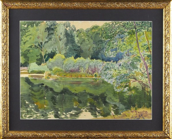 Сомов Константин Андреевич (1869 - 1939) «Летний пейзаж с водоемом». 1890-е. Бумага, акварель, 34 х 45,5 см.