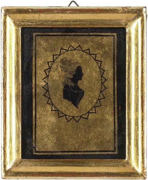 «Миниатюрный портрет дамы с лентой в причёске». 1780-е. Эгломизе, дерево, золочение, 9,5 х 7,5 см.