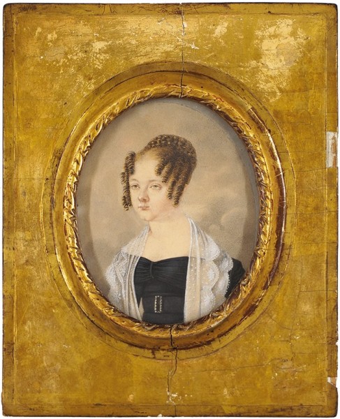 Неизвестный художник «Графиня П.А. Гендрикова». 1830-е. Бумага, графитный карандаш, акварель, белила, 11,8 х 9,5 см (овал).