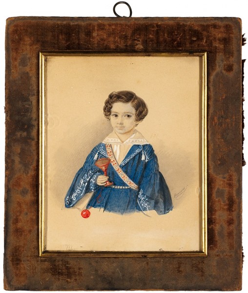Осокин Константин Семенович (1801 - после 1847) «Мальчик с бильбоке». 1830-е. Бумага на картоне, графитный карандаш, акварель, 16 х 13 см.