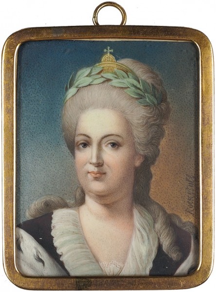 Рокштуль Алоизий Петрович (1798-1877) «Императрица Екатерина Великая». 1860-е. Кость, акварель, белила, 6,5 х 5 см.