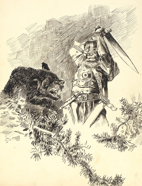 Отмар Валериан Иосифович (1858-1910-е) «Схватка с медведем», «Певчие на клиросе». 2 листа. 1890-е. Бумага, тушь, перо, 23 х 17,5 см, 24 х 16 см.