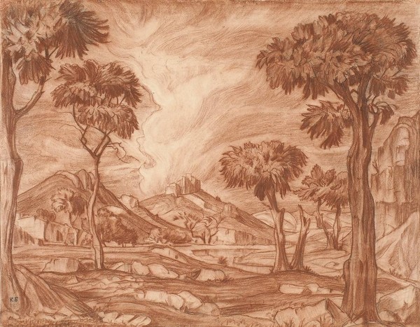 Богаевский Константин Федорович (1872—1943) «Пейзаж». 1922. Бумага на картоне, уголь, сангина, 40 х 51,2 см.