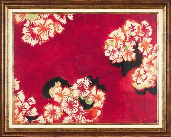 Делоне Соня (1885–1979) «Цветочный мотив на красном фоне». Эскиз ткани. 1920-е. Бумага, гуашь, 64 х 46,5 см.