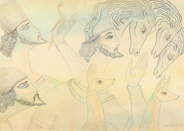 Гудиашвили Ладо (Владимир) Давидович (1896—1980) «Прогулка по сказке». 1974. Бумага, графитный и цветные карандаши, 50 х 70 см.