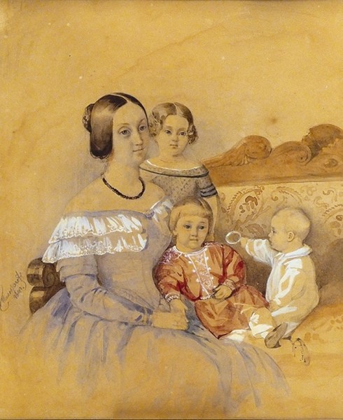 Тихобразов Николай Иванович (1818—1874) «Семейный портрет». 1843. Картон, акварель, 26,5 х 21,7 см.
