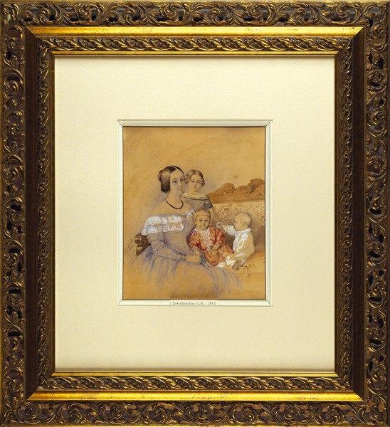 Тихобразов Николай Иванович (1818—1874) «Семейный портрет». 1843. Картон, акварель, 26,5 х 21,7 см.