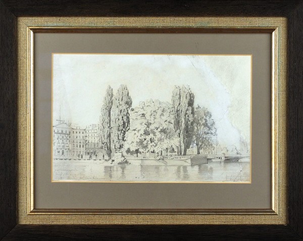 Премацци Людвиг Осипович (Луиджи) (1814–1891) «Остров Руссо. Женева». 1860-е — 1870-е. Бумага на бумаге, графитный карандаш, 17,1 х 26,2 см.