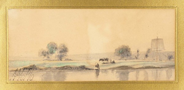 Лагорио Лев Феликсович (1827-1905) «Речной пейзаж с парусником». 1900-е. Бумага, акварель, 8,3 х 18,7 см.