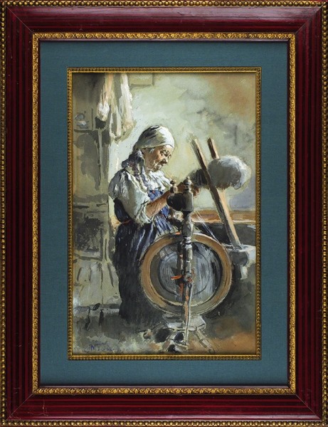 Маковский Константин Егорович (1839–1915) «Пряха». 1880-е-1890-е. Бумага, графитный карандаш, акварель, гуашь, 46,8 х 30,2 см.