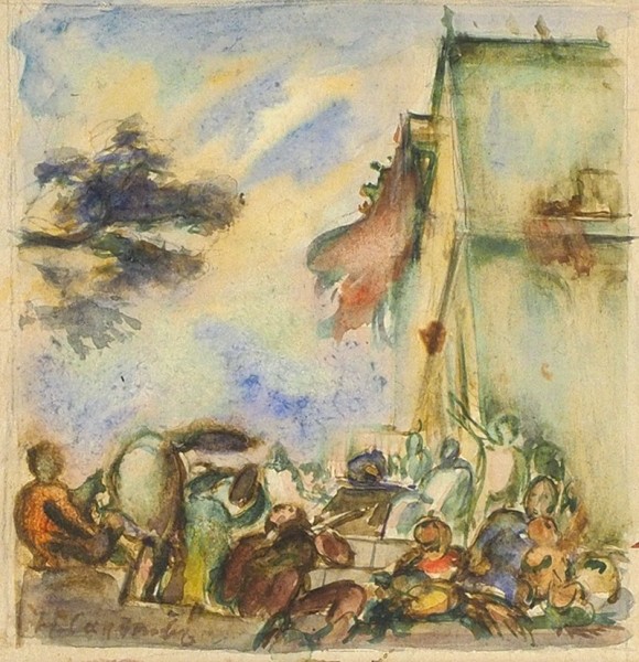 Сапунов Николай Николаевич (1880–1912) «Веселая компания». 1900-е. Бумага, акварель, графитный карандаш, 14,5 х 13,8 см.