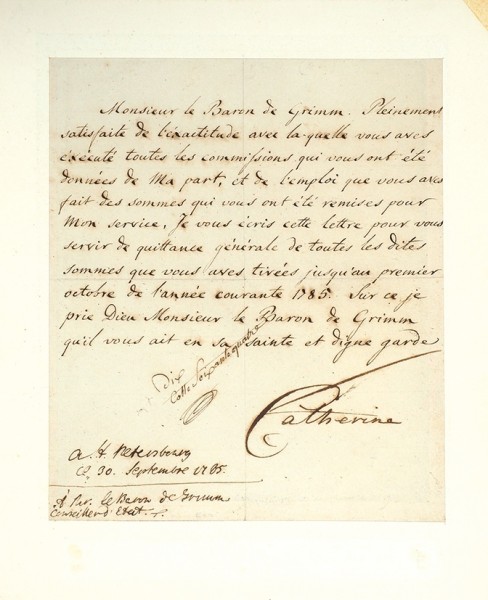 Автограф Екатерины II под письмом барону Мельхиору Гримму. [На фр. яз.]. 30 сент. 1785.