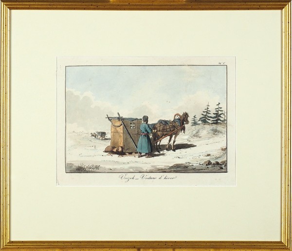 Убиган (Houbigant) Арман Густав (1790—1863) «Возок». Лист № 8 из сюиты: «Moeur et costumes des Russen» Paris. 1817. Бумага, литография, акварель, 27, 5 х 42, 5 см.