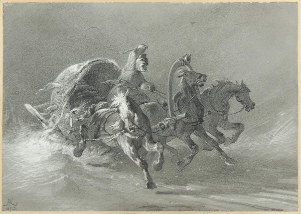 Коцебу Александр Евстафьевич (1815–1889) «Тройка». 1853. Папье-пеле на картоне, графитный карандаш, процарапывание, 14,1 х 20 см.