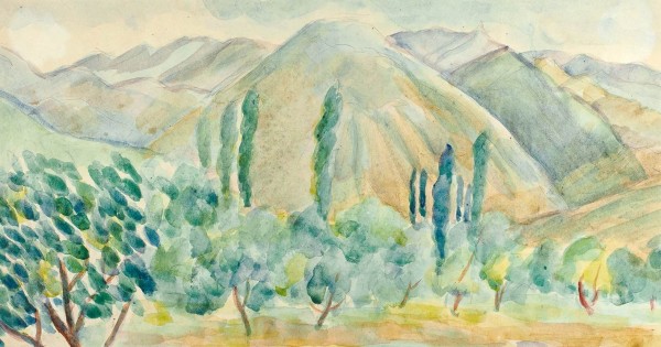 Кафенгауз Тамара Андреевна (1893-1969) «Судак. Гора Лягушка». 1938. Бумага, графитный карандаш, акварель, 19,3 х 37 см.