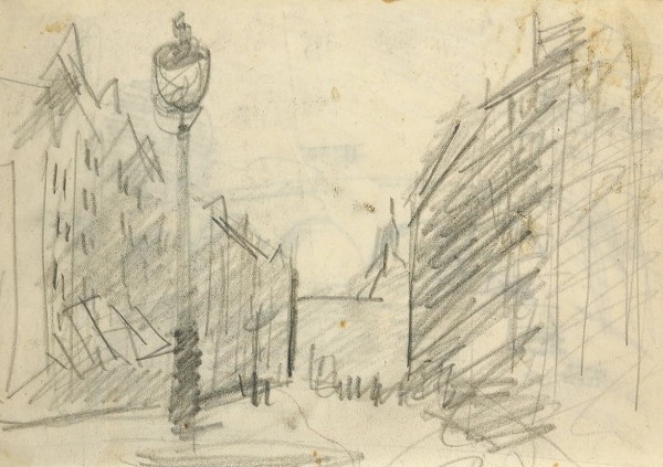 Фальк Роберт Рафаилович (1886—1958) «Уличный фонарь». Эскиз к картине «На бульваре. Париж». На обороте рисунок «Новый мост в Париже». 1930-е. Бумага, графитный карандаш, 18,6 х 19,8 см.