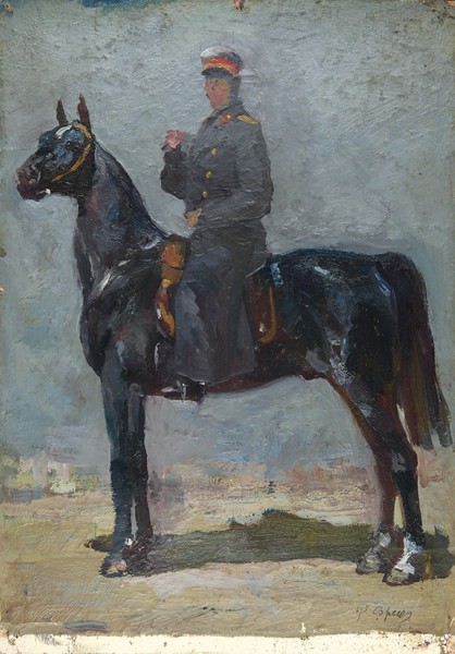 Френц Рудольф Рудольфович (1888—1956) «Офицер на лошади». 1940-е. Картон, масло, 38 х 27 см.