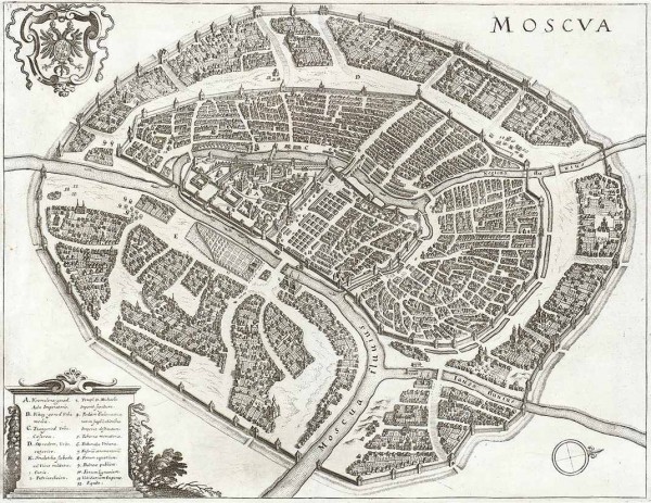 План Москвы с высоты птичьего полета, работы Маттеуса Мериана 1638 года. Франкфурт-на-Майне, 1695.