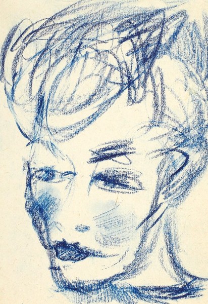 Зверев Анатолий Тимофеевич (1931 — 1986) «Серьезная девушка». 1966. Бумага, синий карандаш, 14 х 9,7 см.