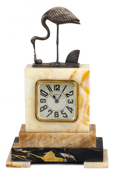 Часы настольные «Цапля». Автор Г.Д. Лавров. Франция. 1930-е. Бронза, серебрение, поделочный камень. Высота 22,5 см.